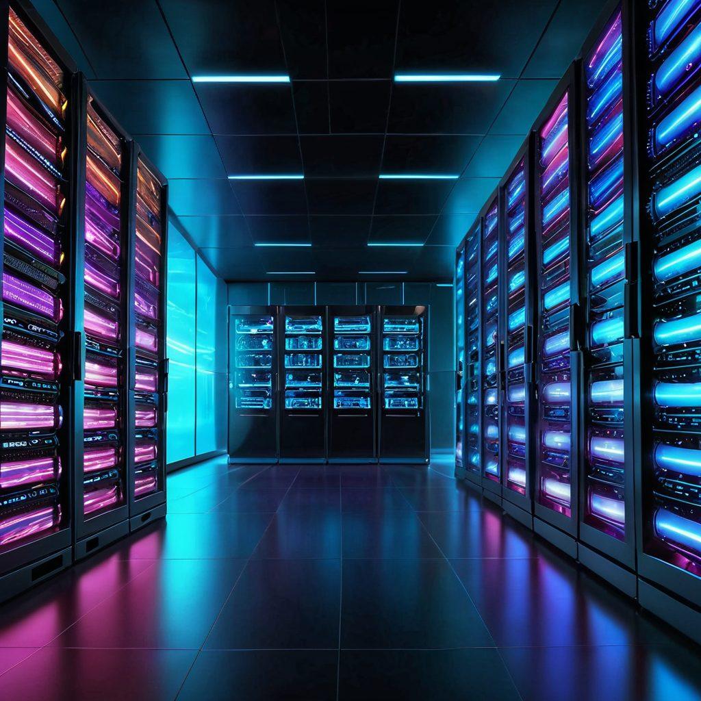 A dynamic, futuristic scene with a sleek e-commerce interface seamlessly transitioning into powerful server racks of a web hosting facility. Illustrated with glowing data streams connecting the two worlds, highlighting innovation. Super-realistic. Vibrant colors. Modern design.