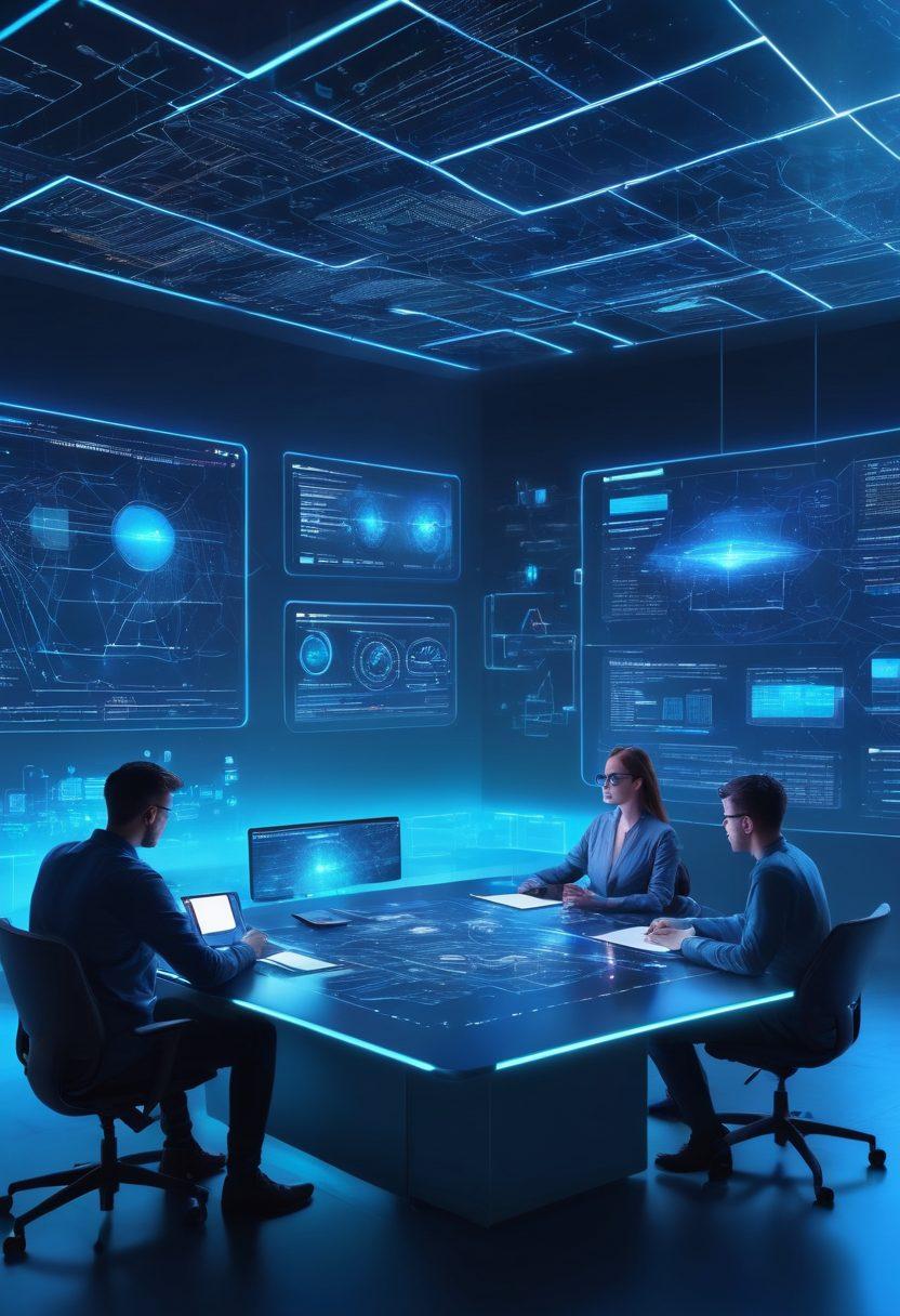 A futuristic web development hub with vibrant holographic interfaces, a team of developers brainstorming around a sleek, high-tech table, and a digital blueprint of a web architecture floating above them. Background includes servers glowing with blue lights. Super-realistic. vibrant colors.